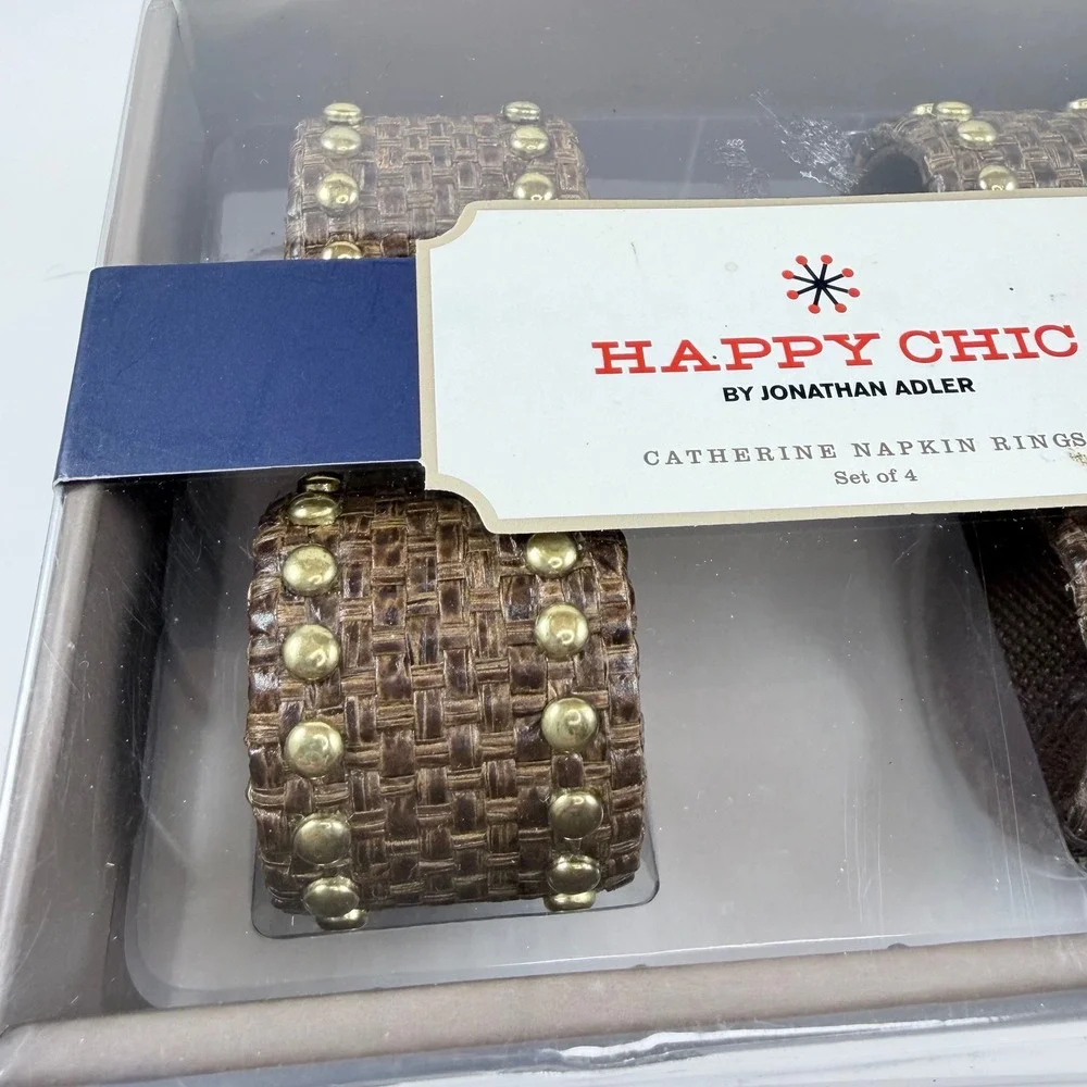 Jonathan Adler Catherine Napkin Rings Set of 4 Happy Chic Brown Woven NEW